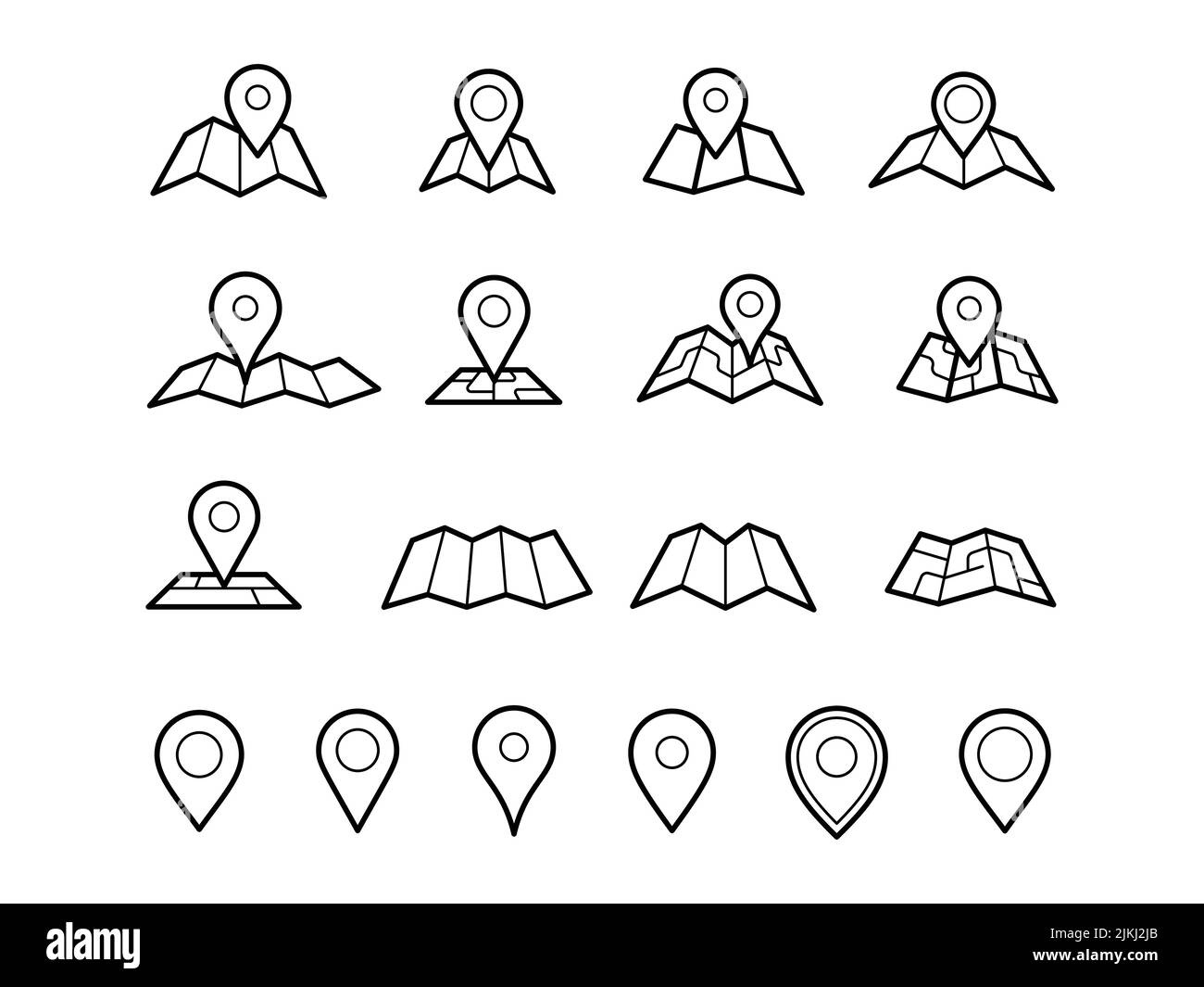 Navigation, location and map line vector icons set containing map with a pin, route map, navigator Stock Vector