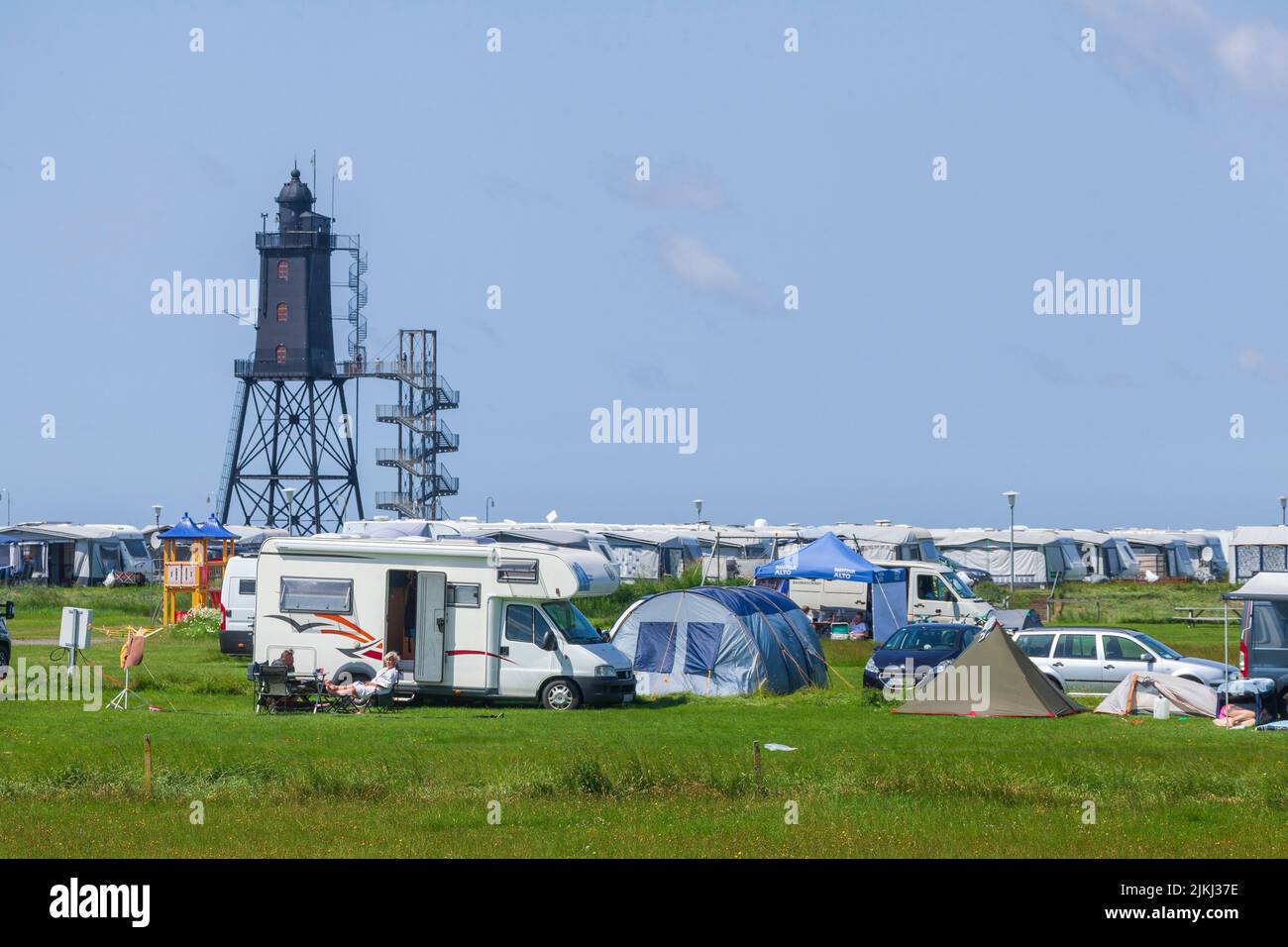 Camping ground and lighthouse Obereversand, Dorumer Neufeld, Dorum, Lower Saxony, Germany, Europe Stock Photo