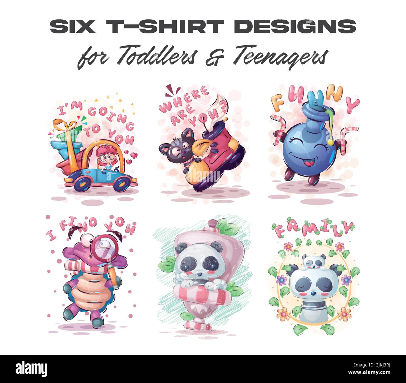 Cute animals, cars, toys and emotions text T-shirt design set for toddlers and teenagers vector illustration Stock Vector