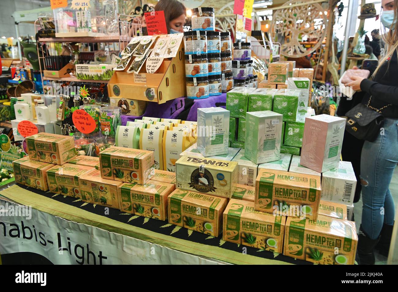 The legal hemp food products on display at Health and wellness fair in Turin, Italy Stock Photo