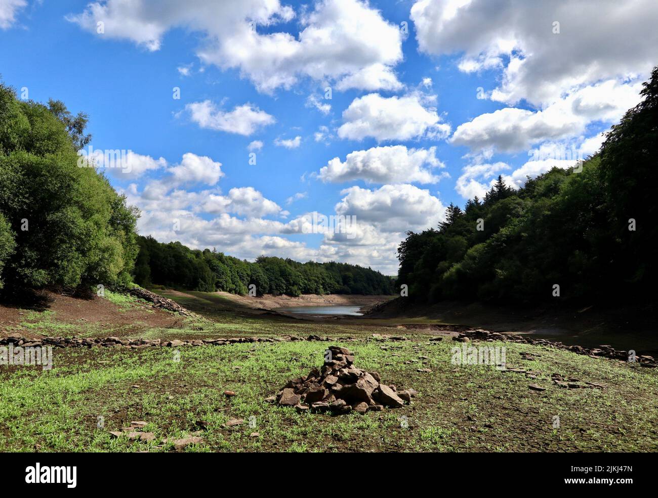 Ryburn Reservoir very low water level during the dry summer of 2022. Stock Photo