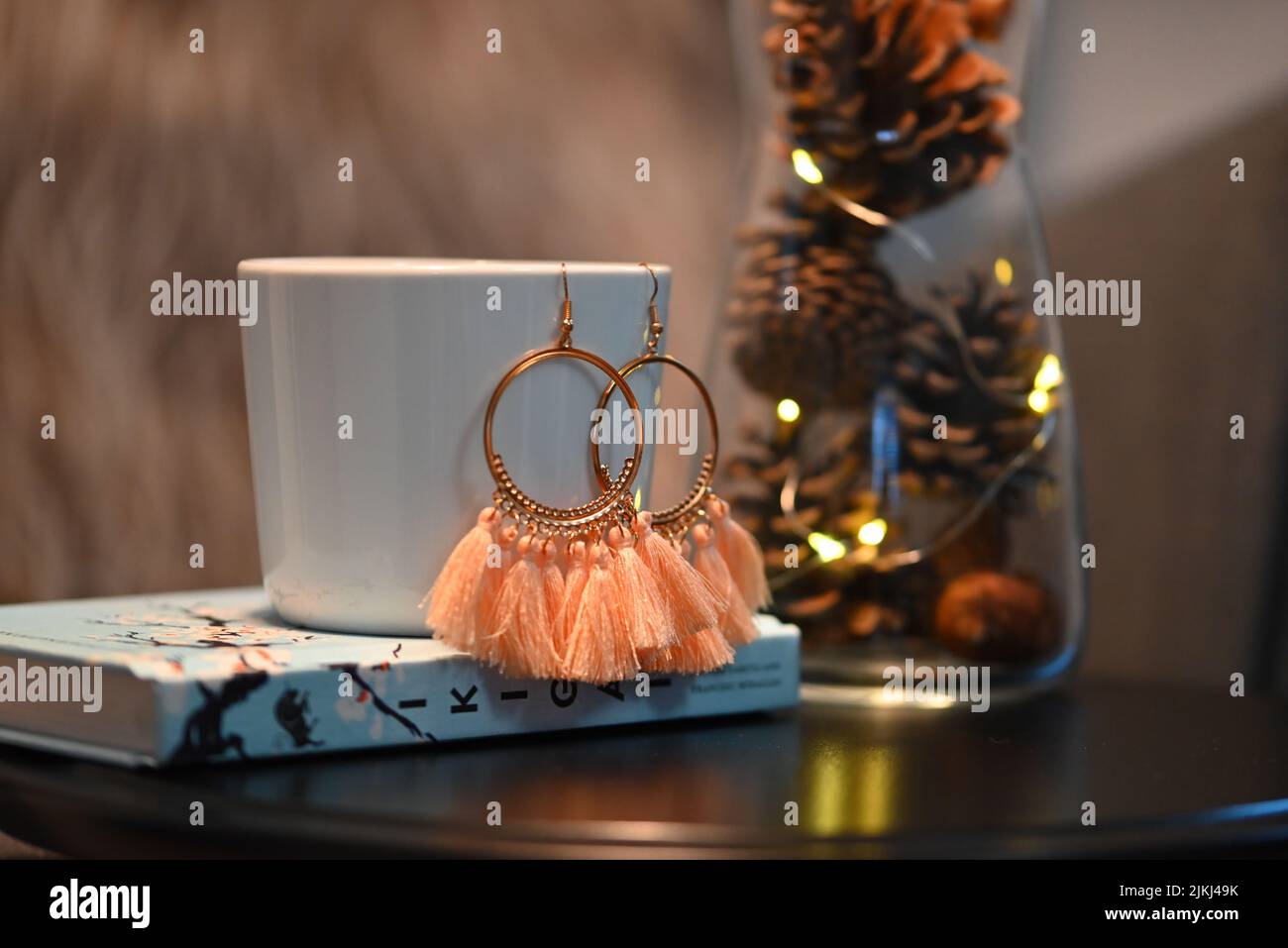 a Beautiful earring with Christmasy background Stock Photo