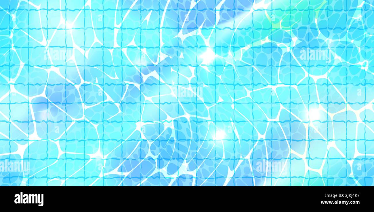 Empty swimming pool top view seamless texture with sunlight glare reflect, caustic ripples and tiled floor. Clear blue water surface pattern. Bright v Stock Vector