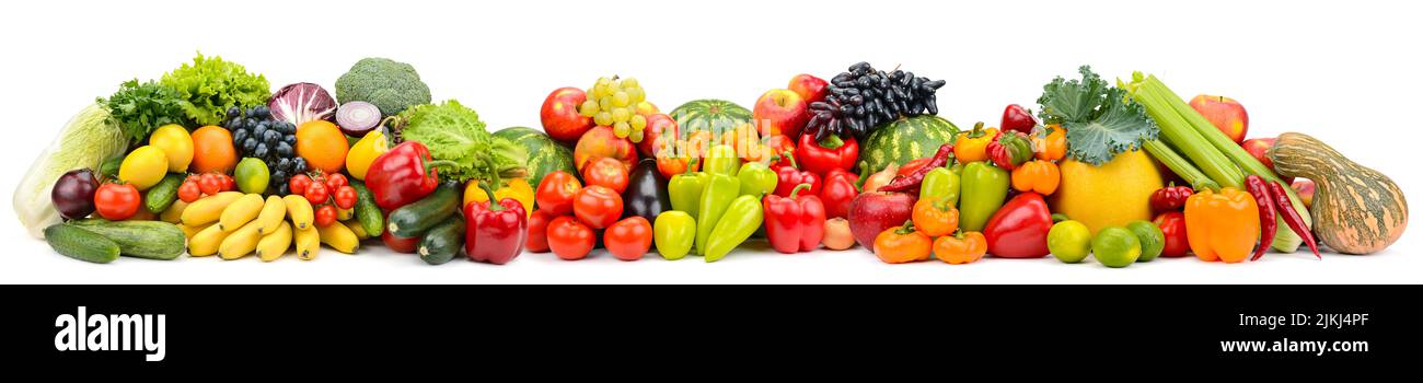 Panorama multicolored fruits and vegetables isolated on white background. Stock Photo