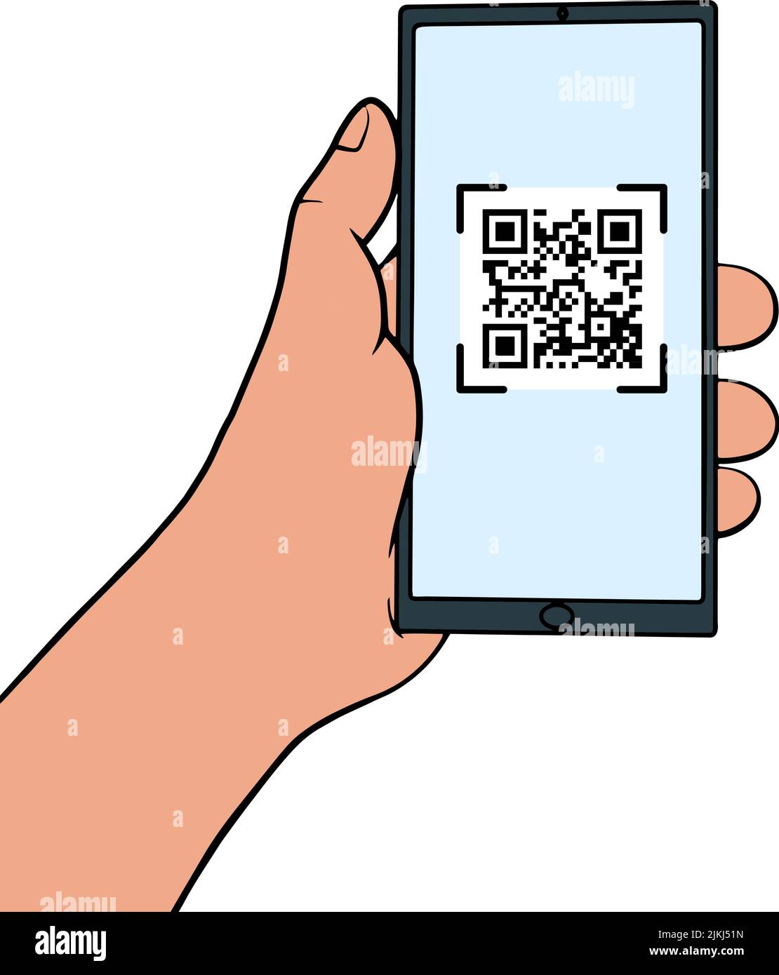 Hand holding a mobile phone with QR code on the screen. QR code scanning in smartphone in line style. Barcode scanner for pay, web, app, promo. Vector illustration. Stock Vector
