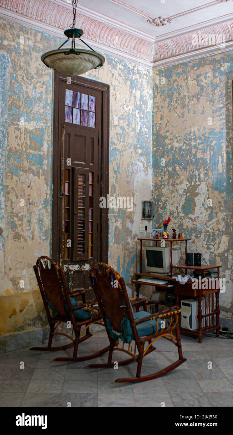 Neoclassical architecture in Havana, a living room, Cuba, Stock Photo