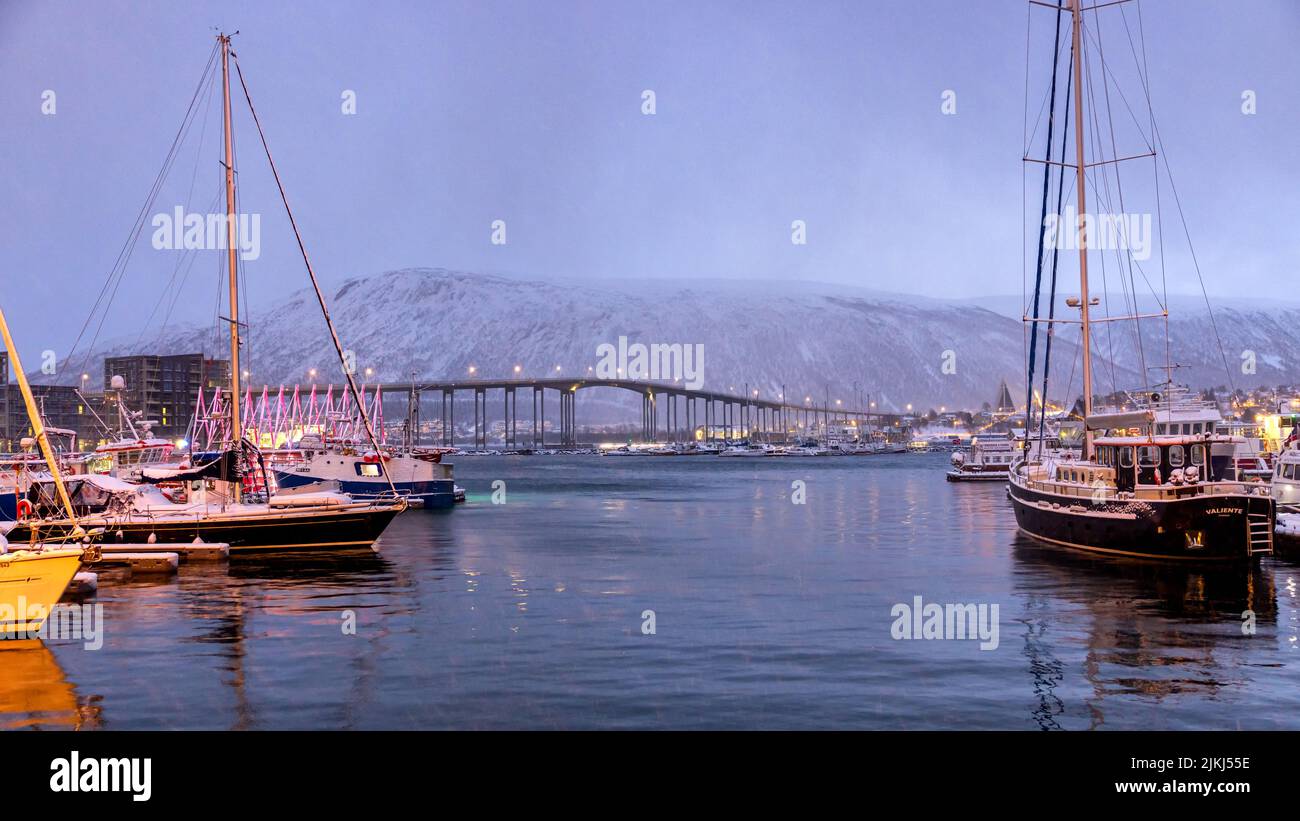 The Tromso Bridge between Tromsdalen and the island of Tromsoya, Norway Stock Photo