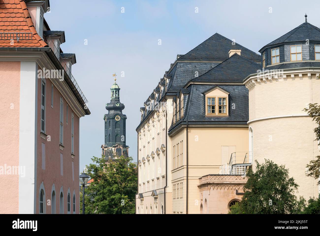 Weimar, Thuringia, left house of Frau von Stein, right Duchess Anna Amalia Library, view to castle tower Stock Photo