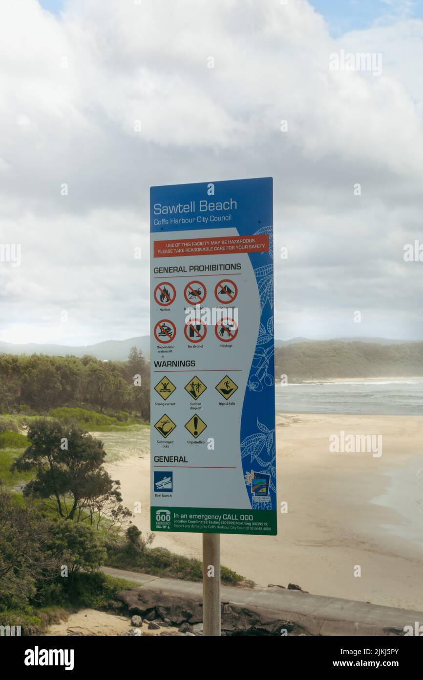The Sawtell beach safety sign and visitor information in Coffs Harbour