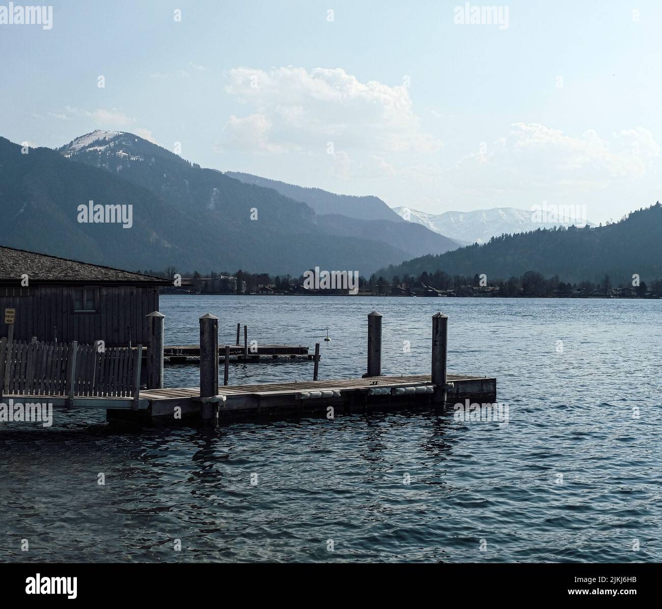 Water, lake, blue, mountains, boathouse, tegernsee, jetty, house on lake Stock Photo