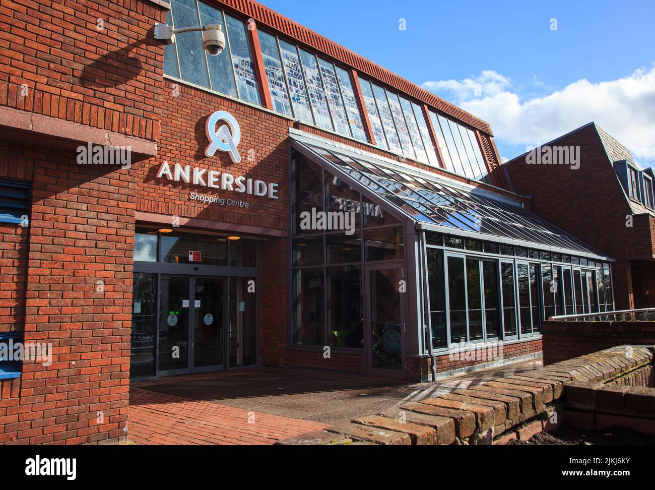 The entrance of the Ankerside shopping center on a sunny day in Tamworth, Staffordshire, England Stock Photo