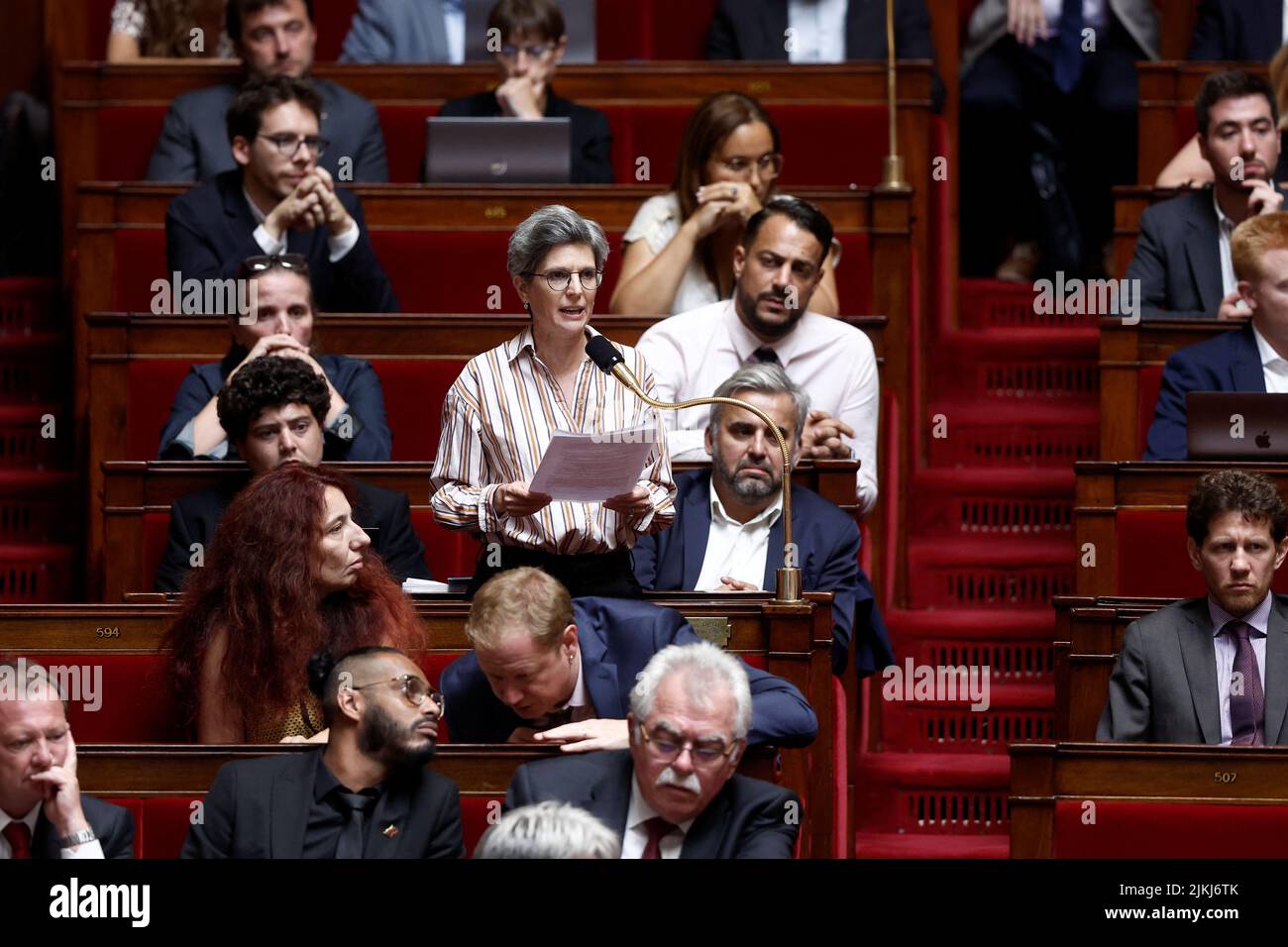 Member of parliament Sandrine Rousseau of the EELV ecologist party and the left-wing coalition NUPES speaks during the questions to the government session at the National Assembly in Paris, France, August 2, 2022. REUTERS/Benoit Tessier Stock Photo