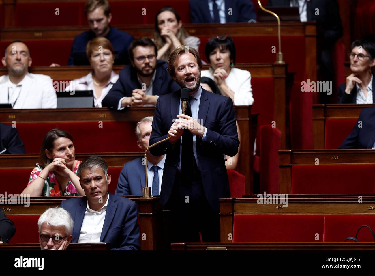 Member of parliament Boris Vallaud speaks during the questions to the government session at the National Assembly in Paris, France, August 2, 2022. REUTERS/Benoit Tessier Stock Photo