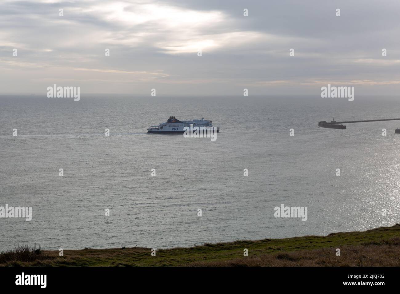 A ship sailing in the English Channel near Port of Dover in England