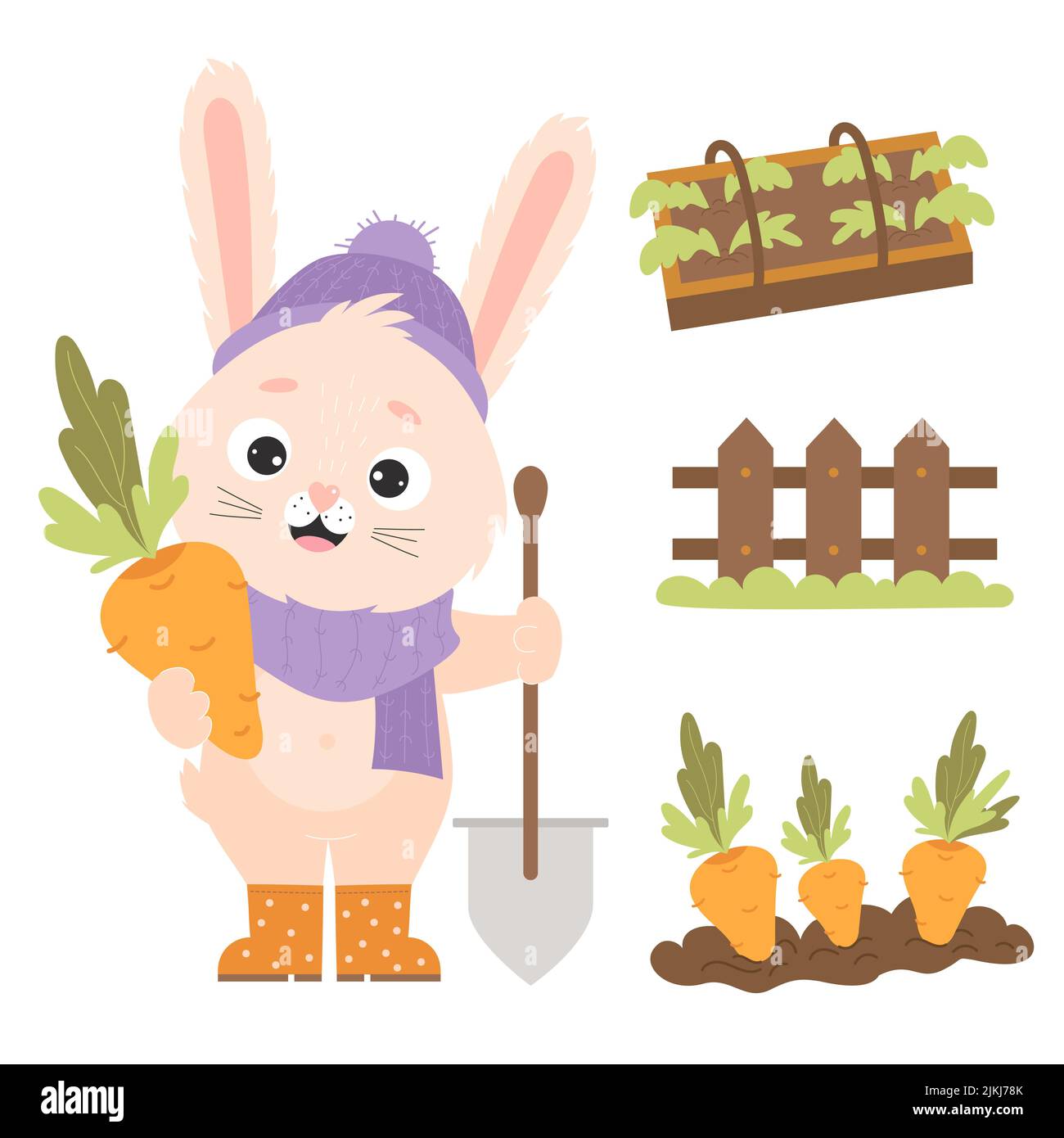 Character rabbit farmer with carrots. Farming set with cute bunny in rubber boots, hat and scarf with shovel. Greenhouse with seedlings, wooden fence Stock Vector