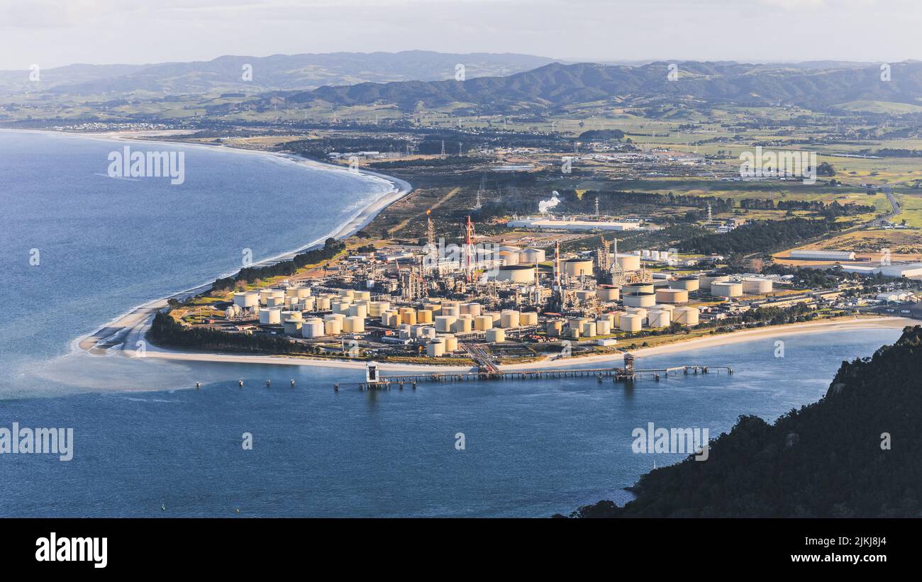 An aerial view of Marsden Point Oil Refinery in the Whangarei coastline
