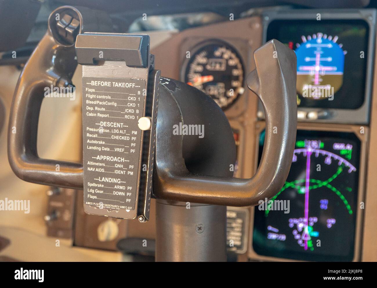 A closeup shot of Boeing 757 cockpit acceleration panels from inside the cabin of the plane Stock Photo