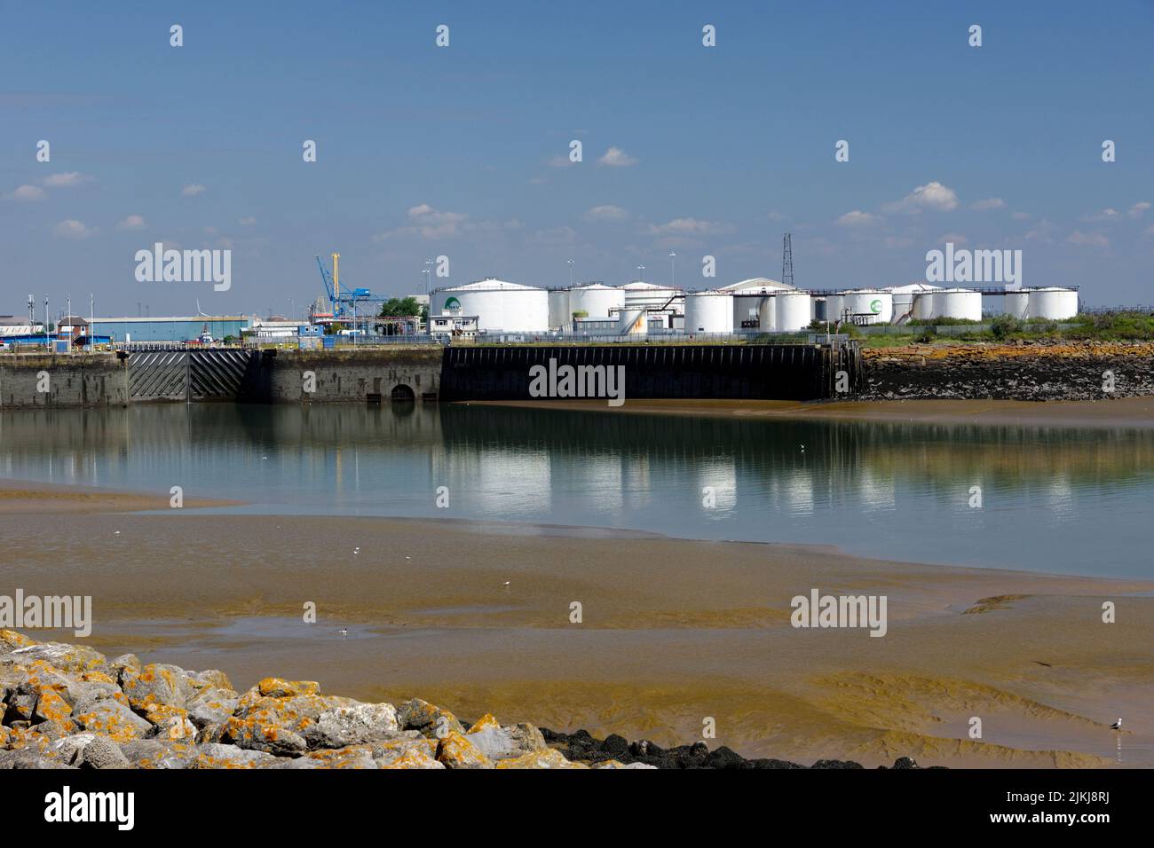 Oil storage tanks, Cardiff Bay Barrage, South Wales, UK. Stock Photo