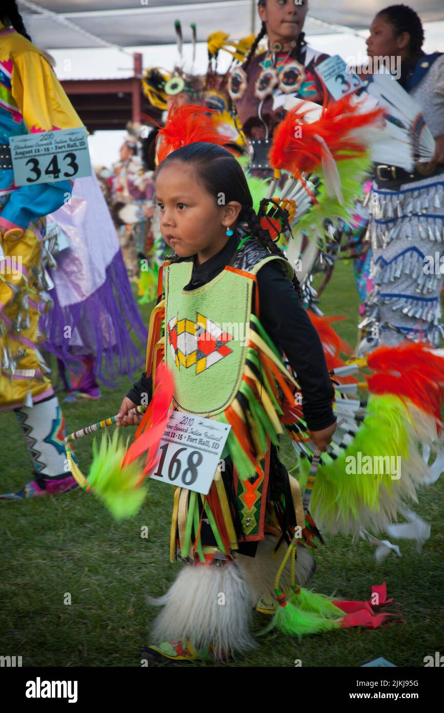 Young grass dancers in colorful regalia at the Shoshone Bannock Pow Wow