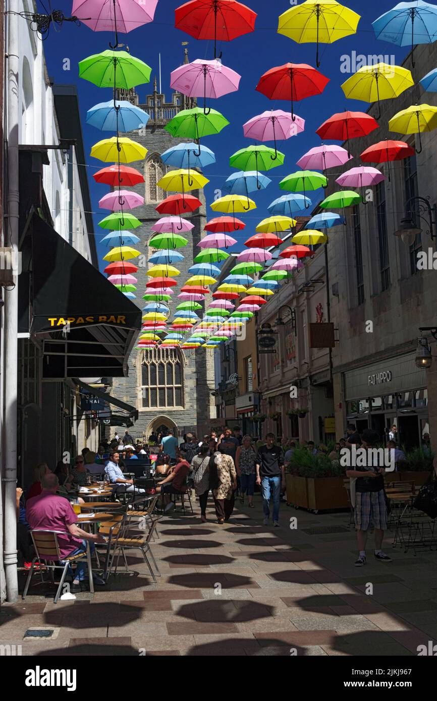 Coloured umbrellas, Church Street, Cardiff Stock Photo