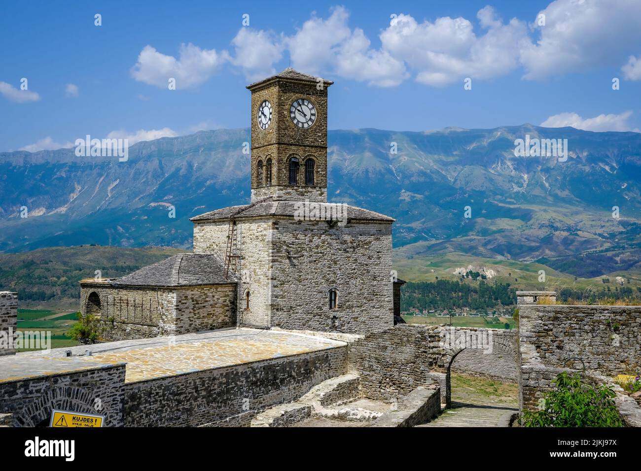 City of Gjirokastra, Gjirokastra, Albania - Clock Tower, Castle of the Mountain City of Gjirokastra, UNESCO World Heritage Site. Drinos Valley. Stock Photo