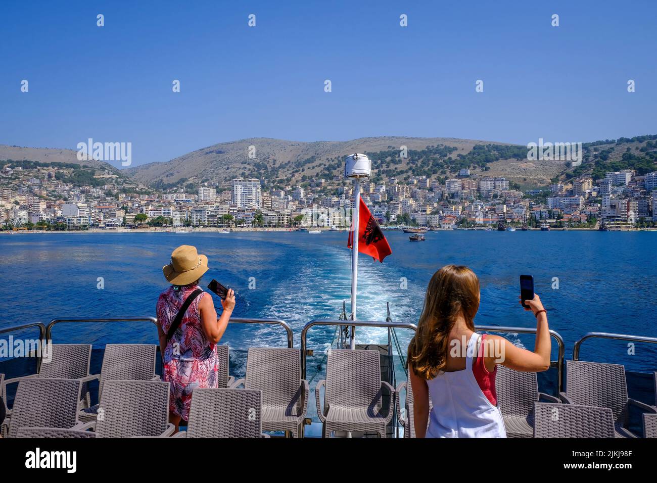 Saranda, Albania - seaside resort Saranda on the Albanian Riviera. Ferry sails from Saranda to Corfu Greece. Stock Photo