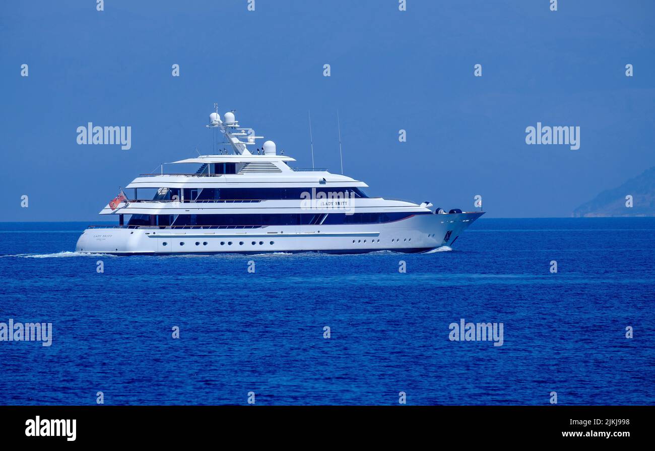 Saranda, Albania - charter mega yacht Lady Britt. The 63-meter luxury yacht costs from $445, 000 a week. Stock Photo