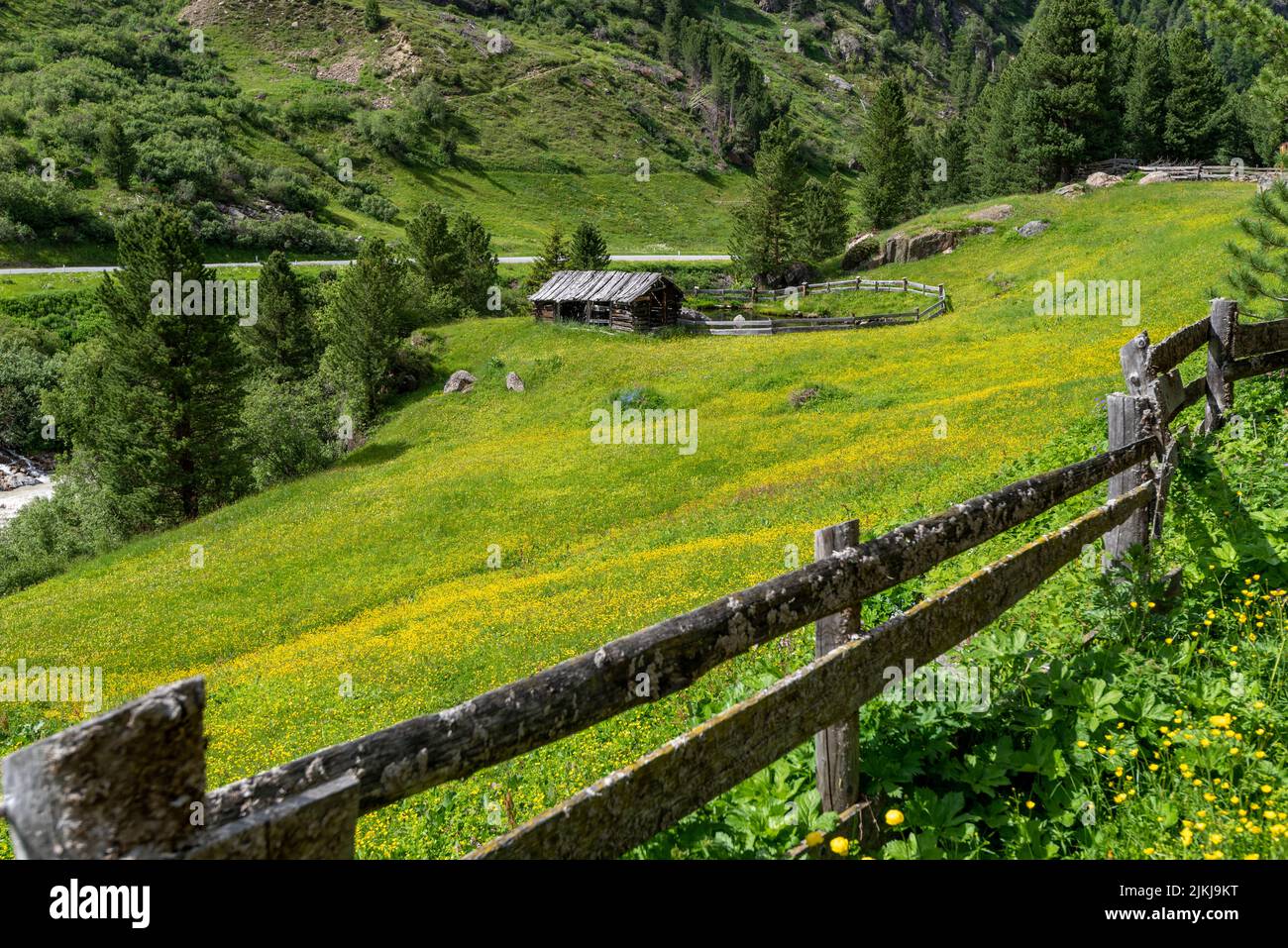 Wooden hut, mountain meadows, Vent, Tyrol, Austria Stock Photo