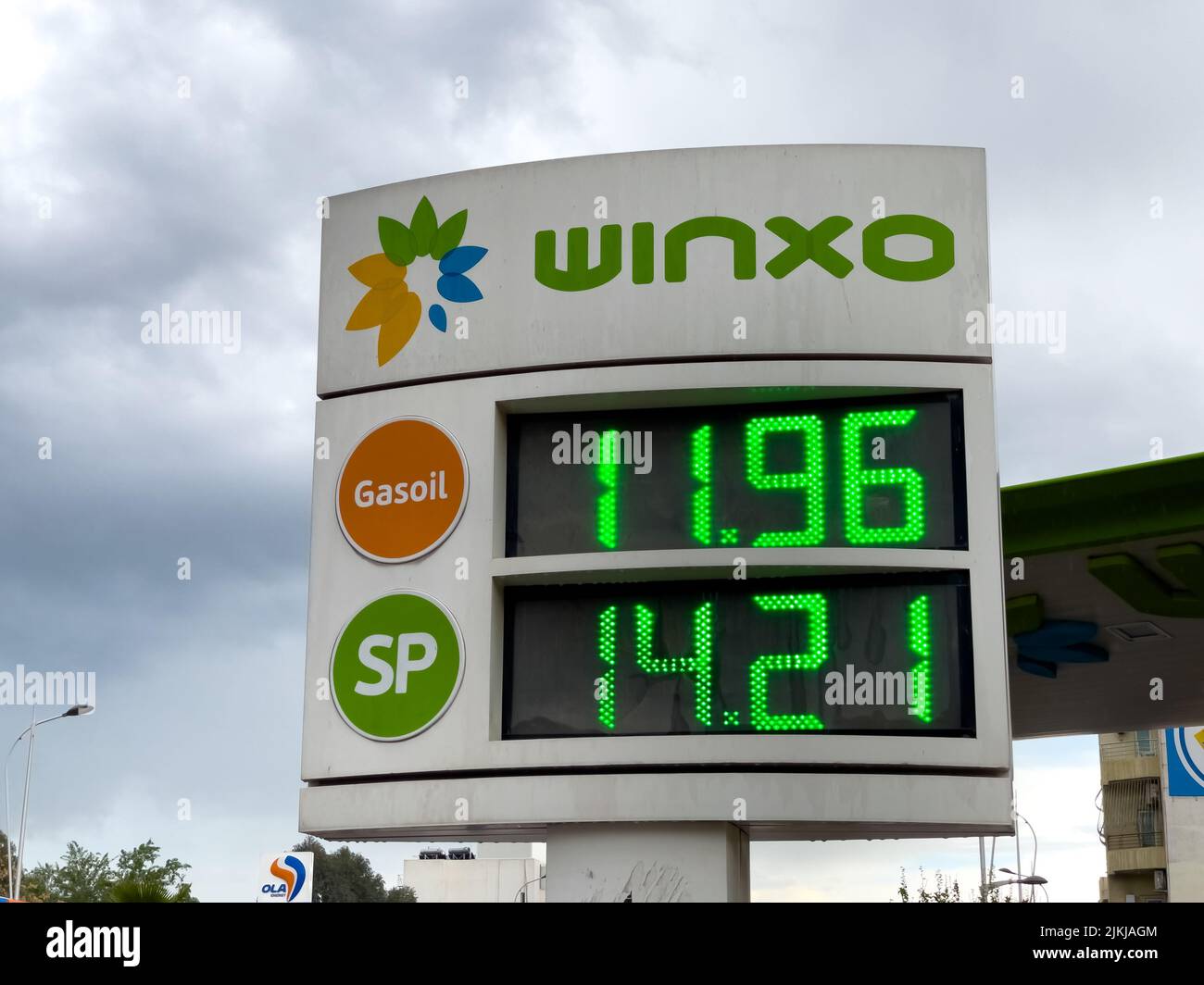 A Winxo Gas station price panel on the roadside in Fes, Morocco Stock Photo