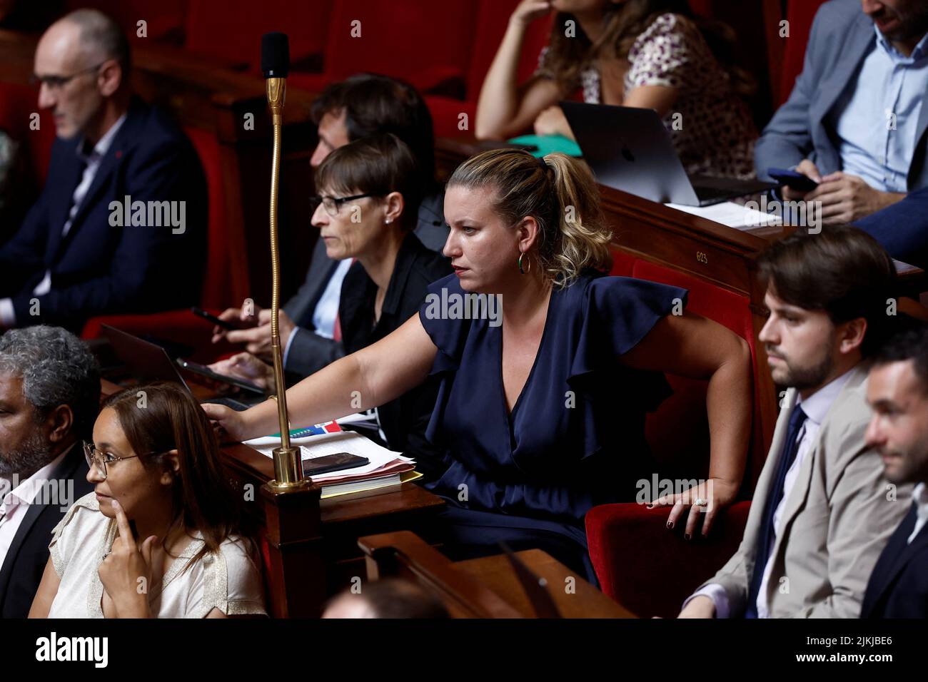 Mathilde Panot, MP and President of the French far-left opposition party La France Insoumise (France Unbowed) parliamentary group attends the questions to the government session at the National Assembly in Paris, France, August 2, 2022. REUTERS/Benoit Tessier Stock Photo