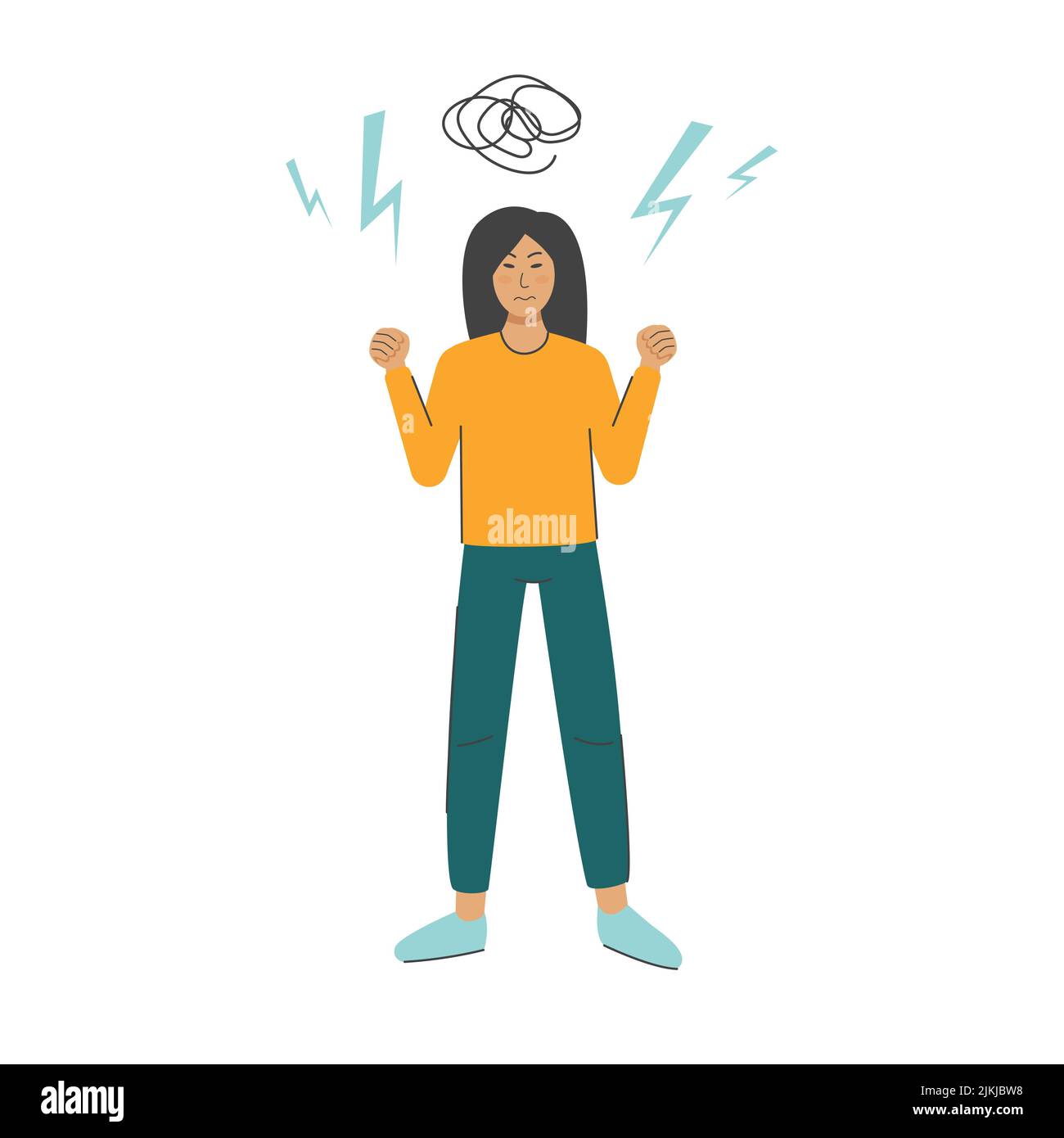 Anxiety woman isolated vector concept. Female stress illustration. Mental depression in young girl. Angry woman upset flat cartoon Stock Vector