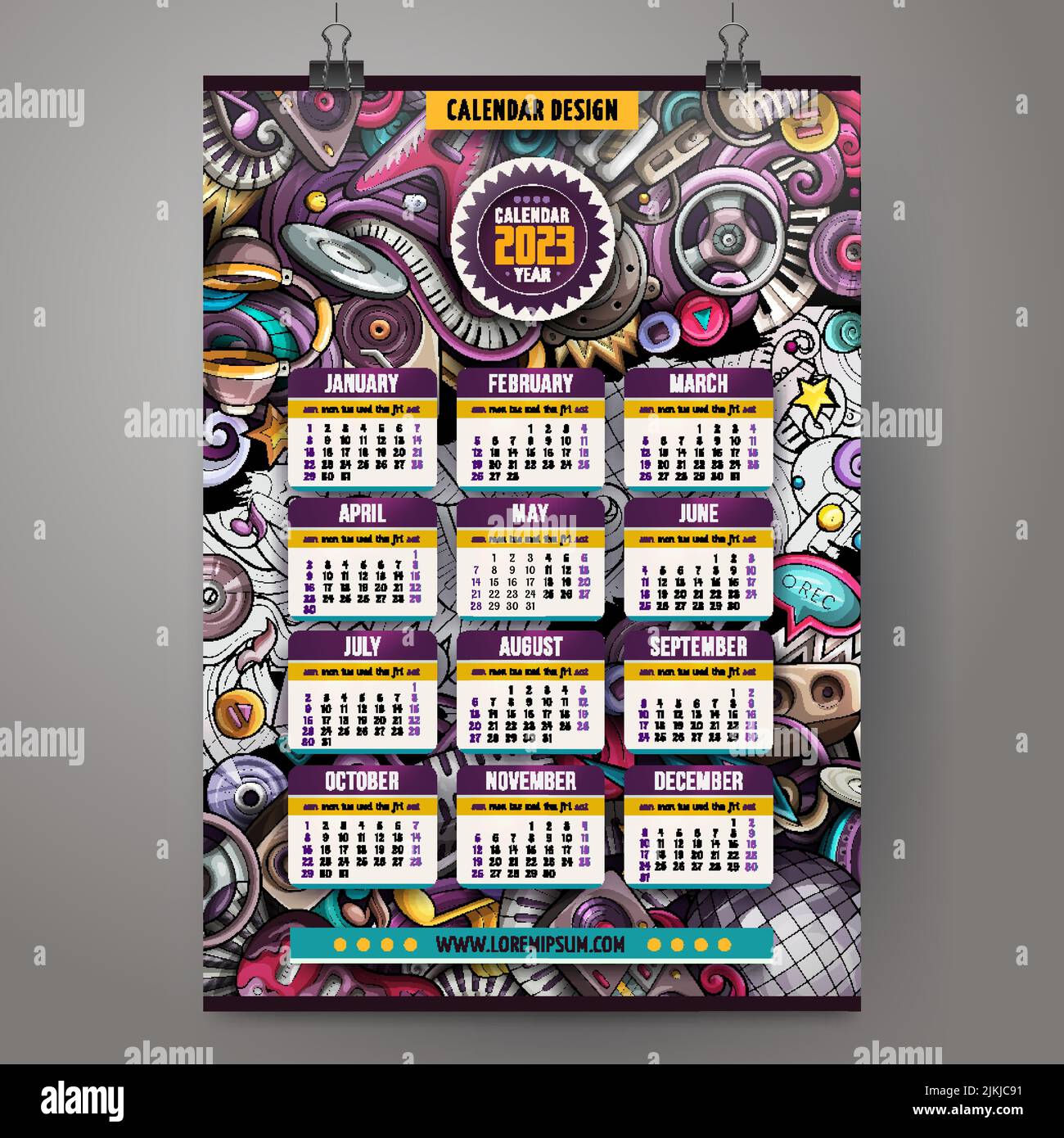 Cartoon colorful doodles Disco music 2023 year calendar template. Stock Vector