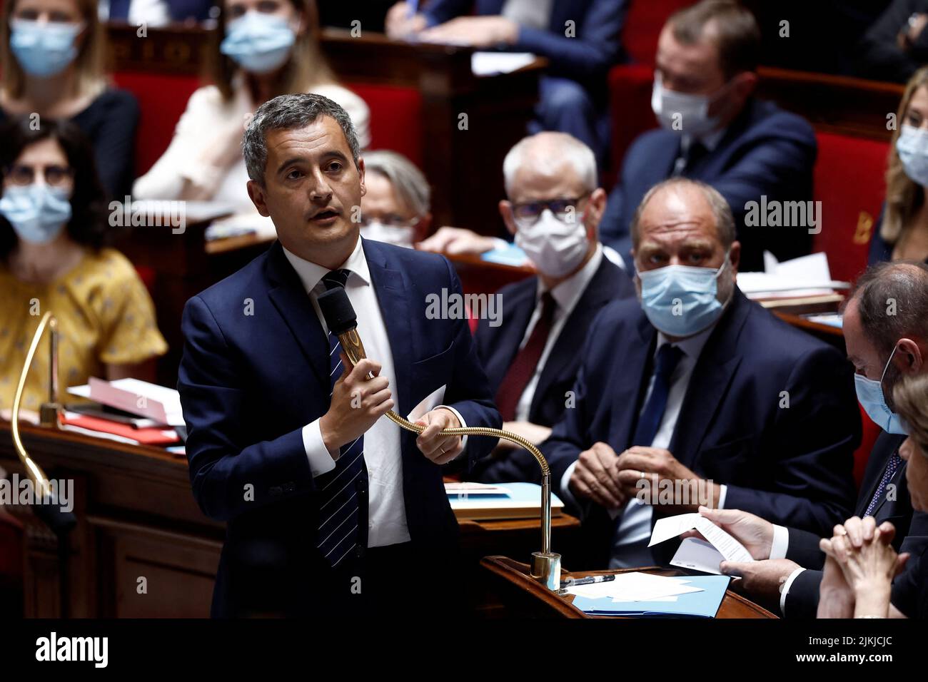 French Interior Minister Gerald Darmanin speaks during the questions to the government session at the National Assembly in Paris, France, August 2, 2022. REUTERS/Benoit Tessier Stock Photo