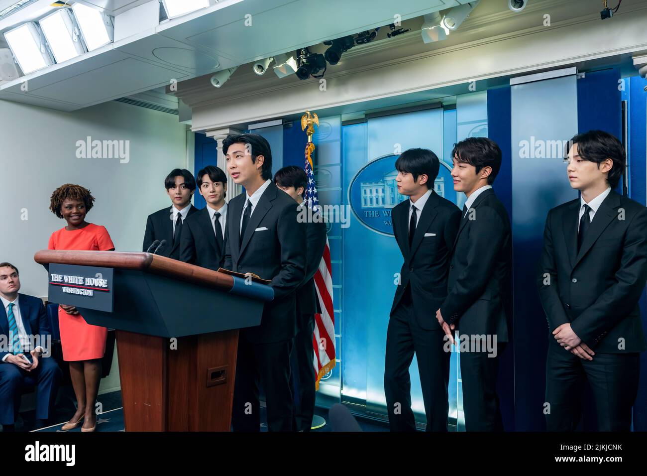 White House Press Secretary Karine Jean-Pierre is joined by K-pop singing group BTS for a press briefing, Tuesday May 31, 2022, in the James S. Brady Press Briefing Room of the White House. (Official White House Photo by Cameron Smith) Stock Photo