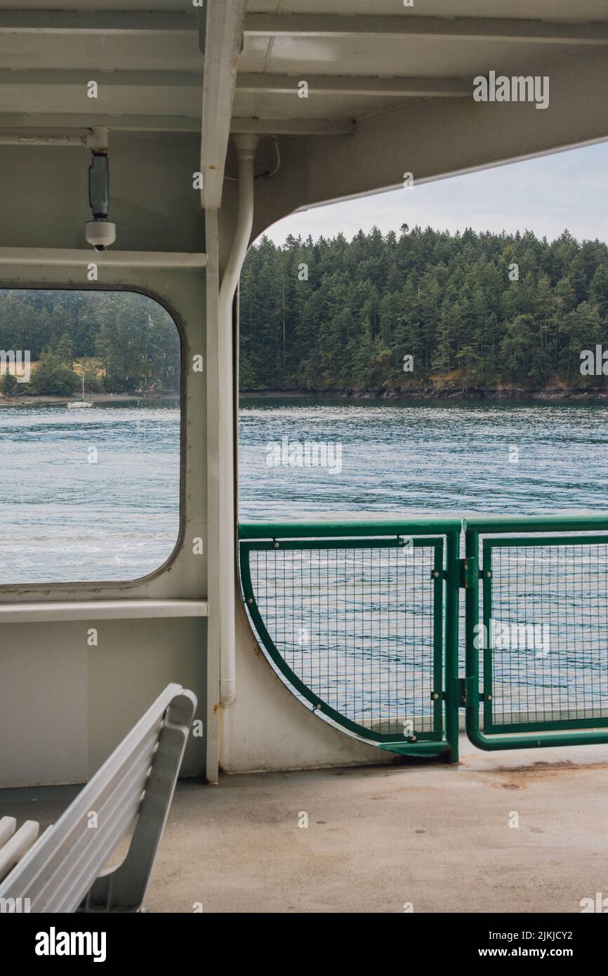 A vertical shot of  ferry boat deck traveling to San Juan Islands in the Salish Sea Stock Photo