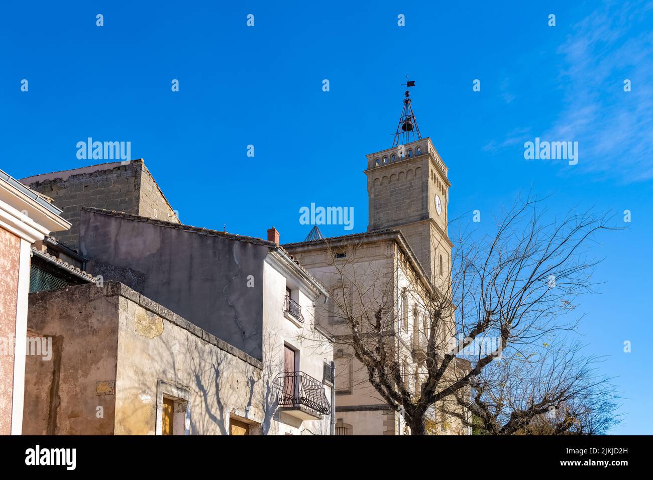 Saint-Quentin-la-Poterie in France, the Tour de l’Horloge in the center of the village Stock Photo