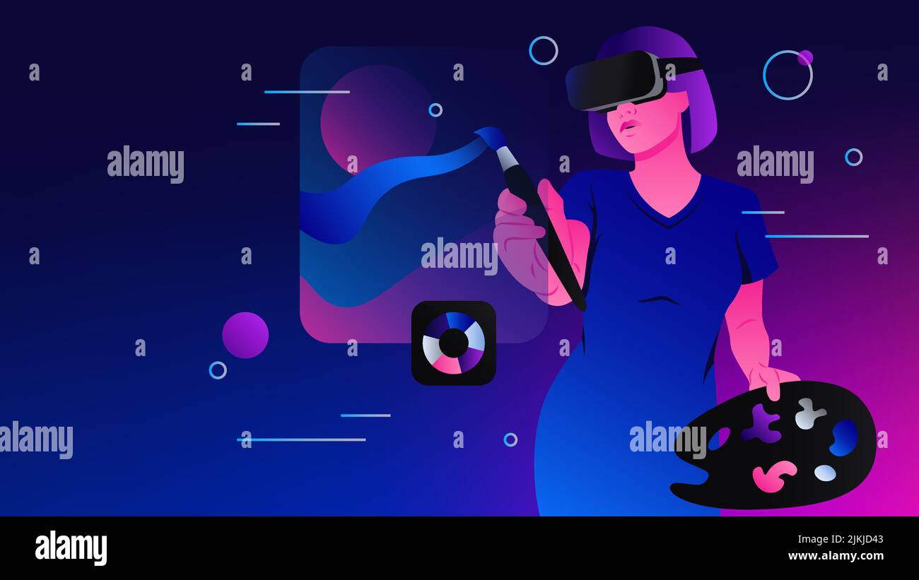 Artist Painting in Metaverse. Virtual Reality Art Illustration. Vector