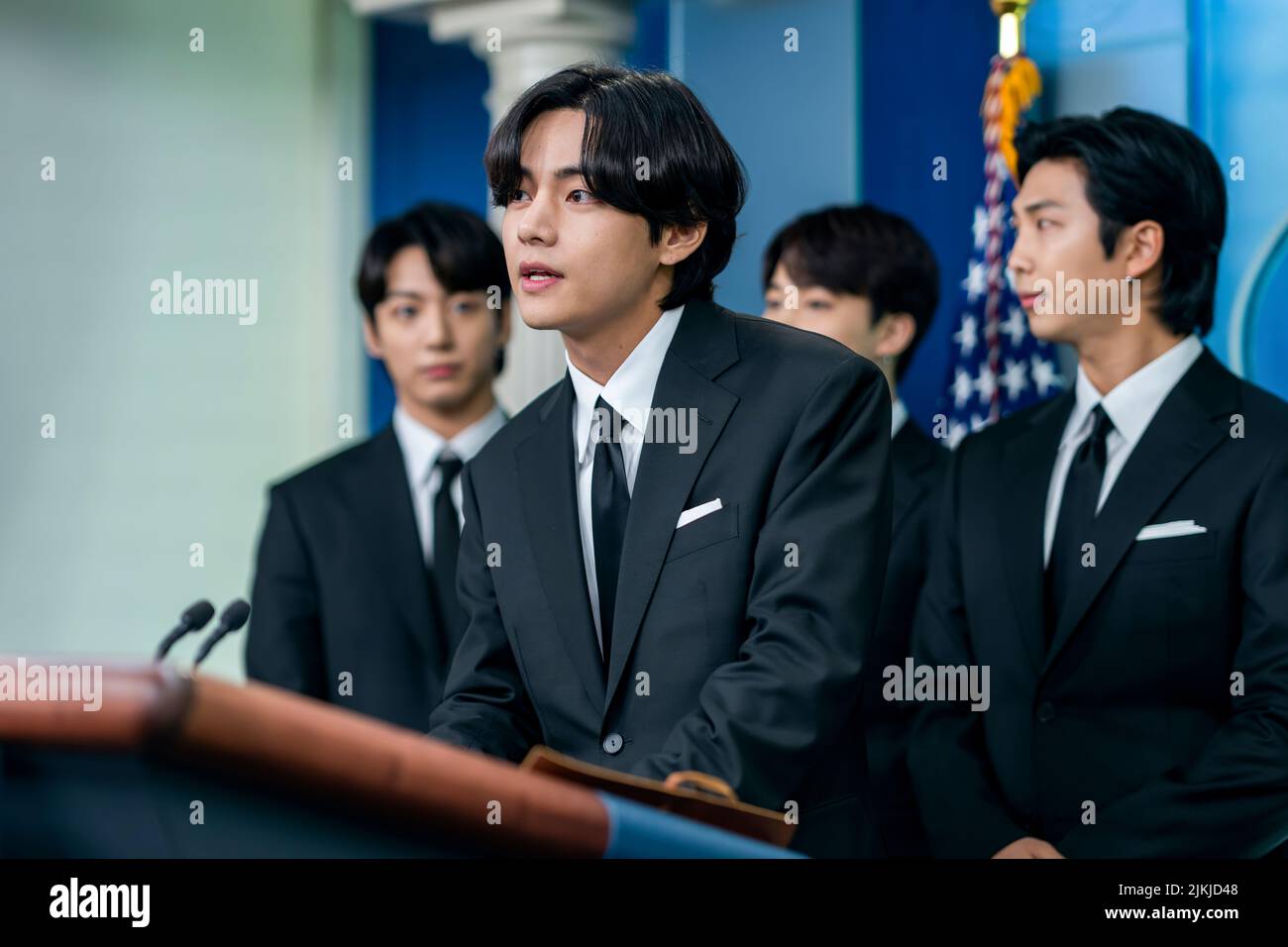 White House Press Secretary Karine Jean-Pierre is joined by K-pop singing group BTS for a press briefing Tuesday May 31, 2022, in the James S. Brady Press Briefing Room of the White House. (Official White House Photo by Cameron Smith) Stock Photo