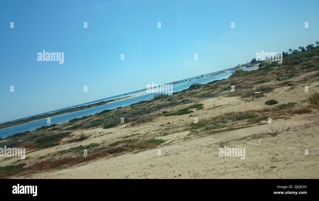 A slanted view of a grassy beach on a sunny day with blue sky Stock Photo