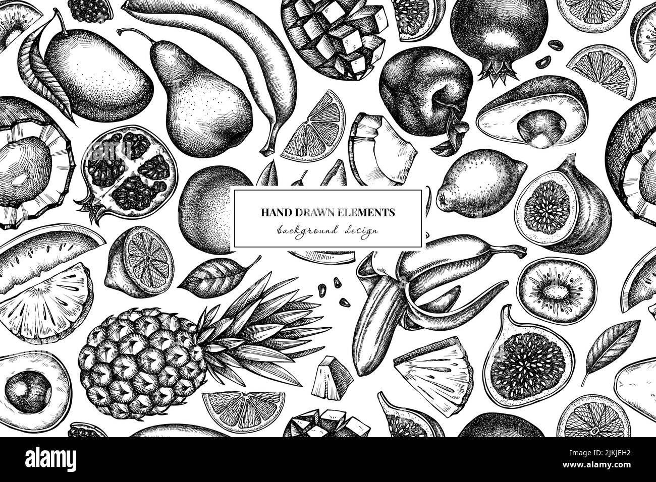 Fruits seamless pattern background design. Engraved style. Hand drawn bananas, pears, kiwi etc. Stock Vector