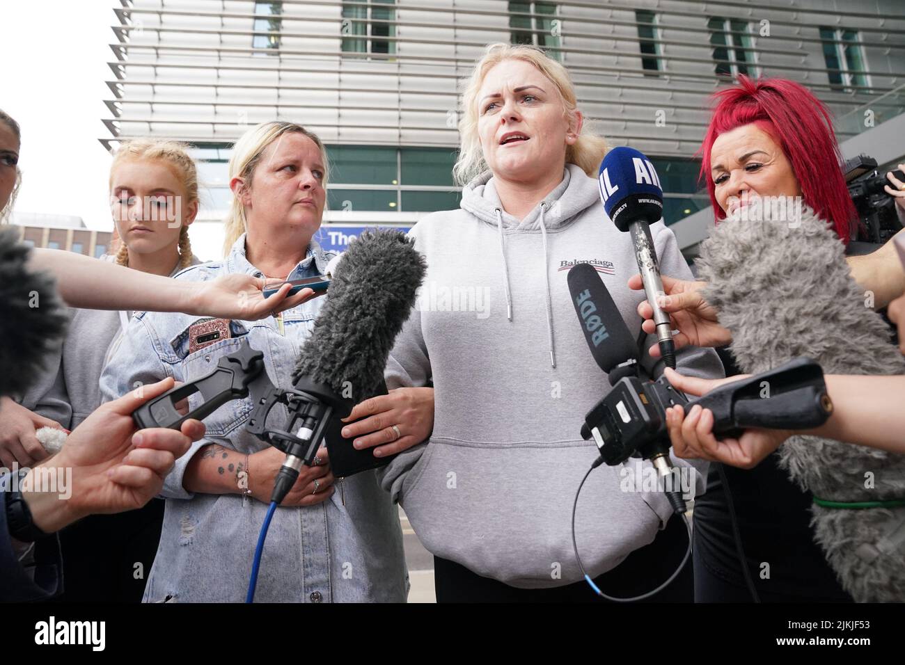 The mother of Archie Battersbee, Hollie Dance (second right), speaks to the media outside the Royal London hospital in Whitechapel, east London. The parents of the 12-year-old, have lost a Supreme Court bid to delay the withdrawal of his life-sustaining treatment pending a review of his case by a UN committee. Picture date: Tuesday August 2, 2022. Stock Photo
