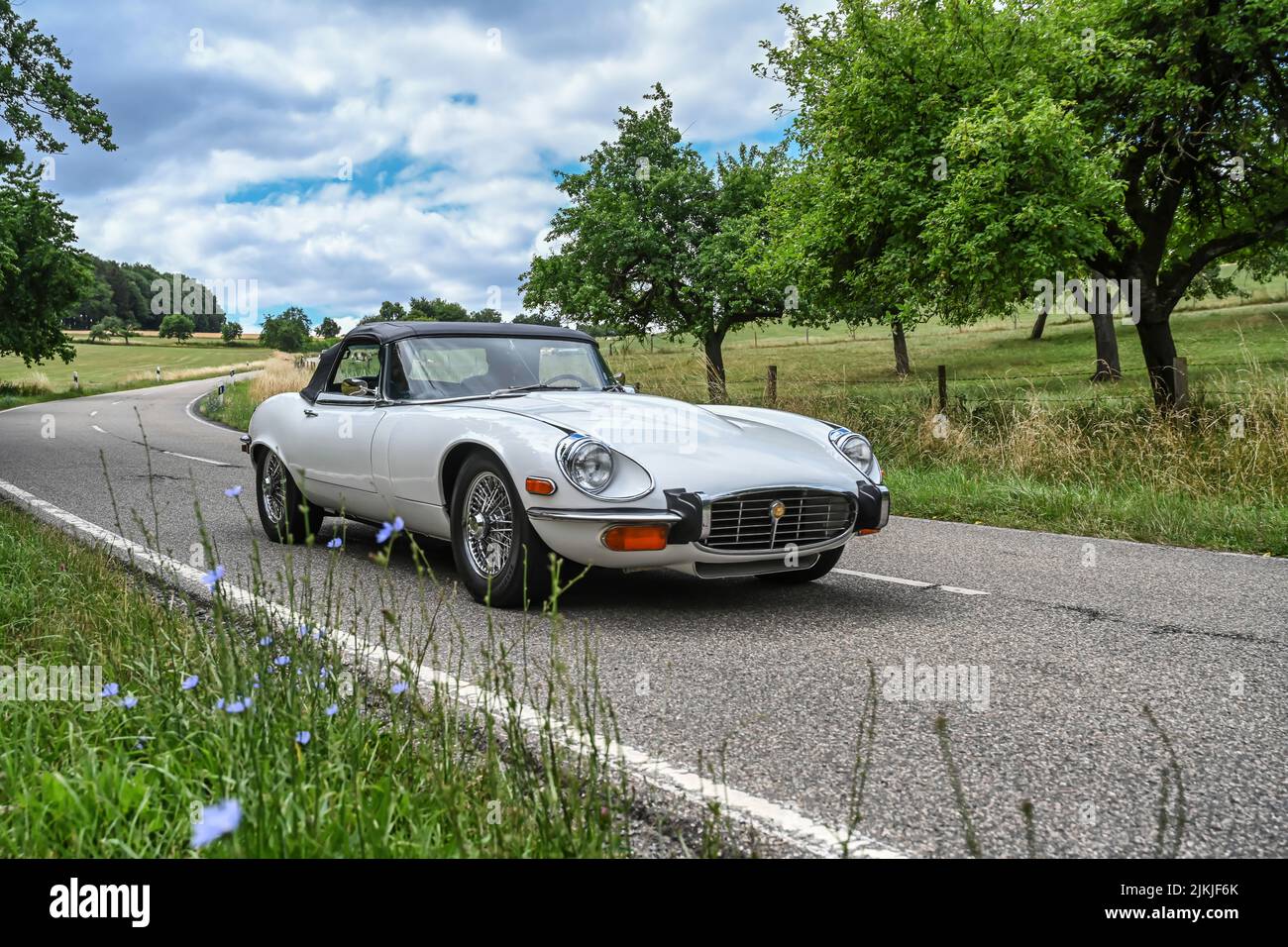 Bad König, Hesse, Germany, Jaguar E-Type S2 V12, built in 1973, 5343 cc displacement, 276 hp, at the classic car festival. Stock Photo