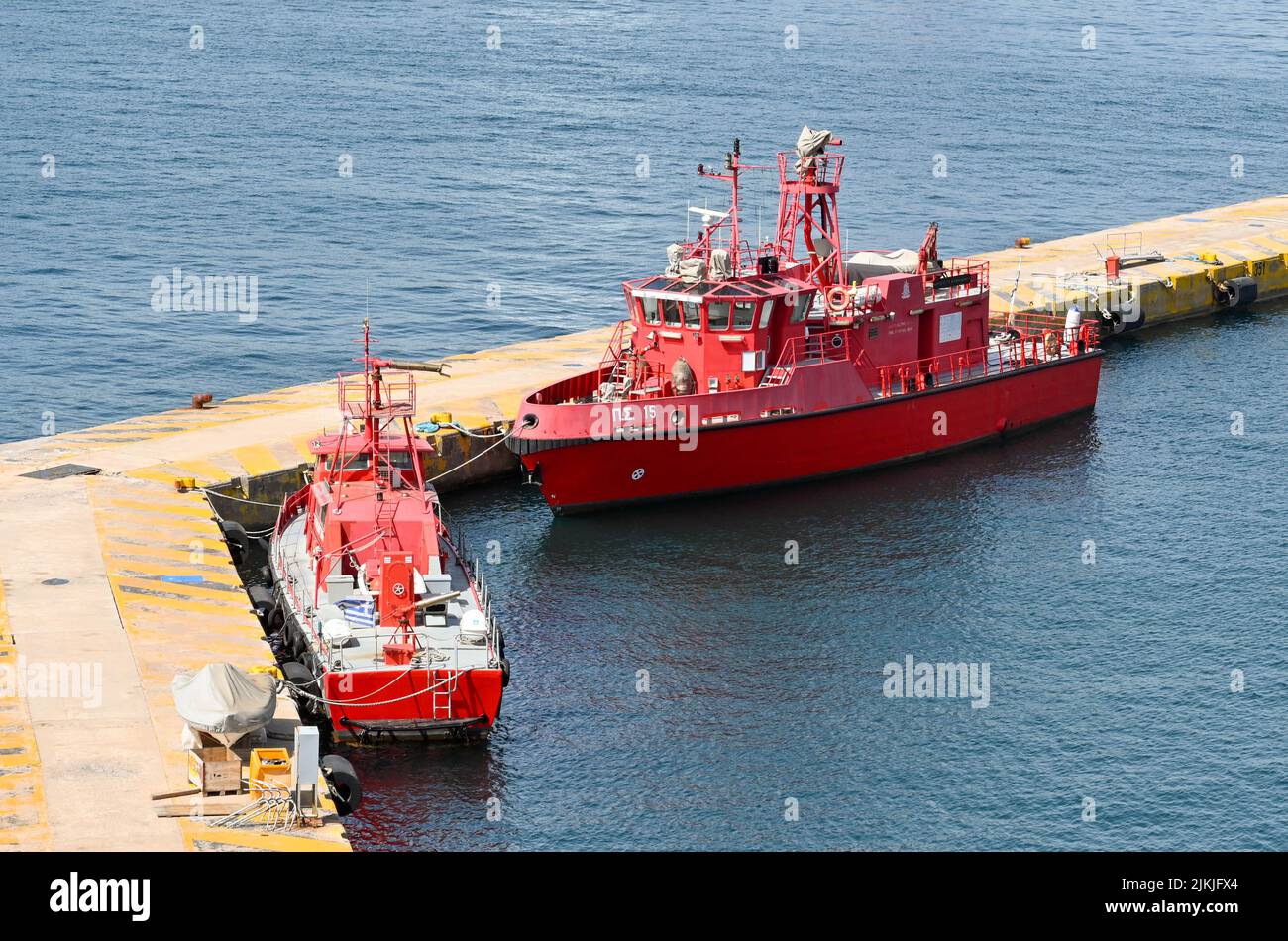 Athens, Greece - May 2022: Fire fighting boats moored in the city's port at Piraeus Stock Photo