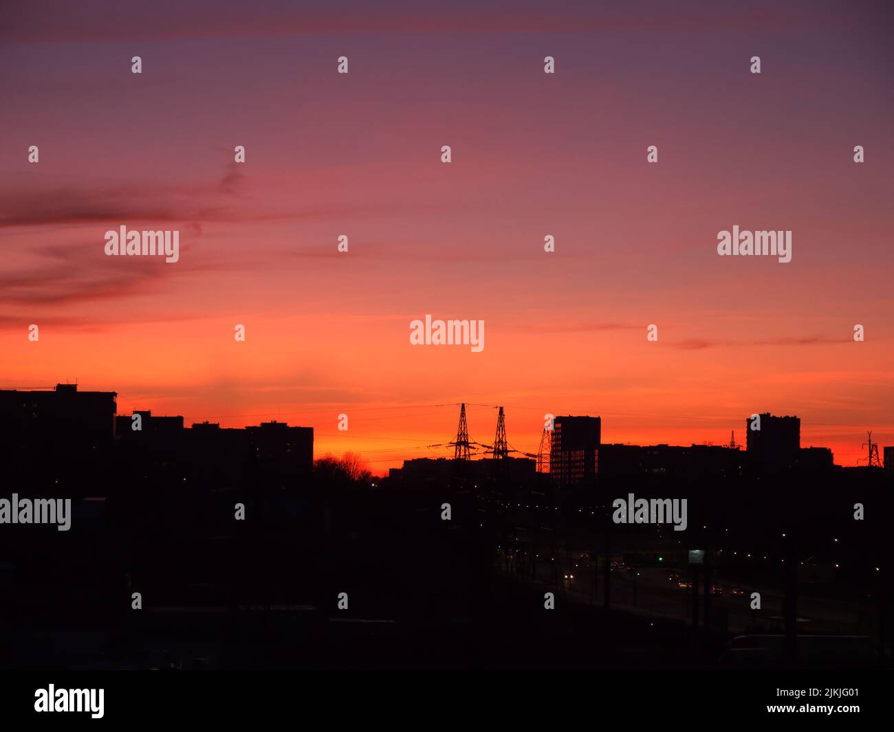 Beautiful bright sunset sky over building silhouettes. City of Lviv skyline at sunset Stock Photo