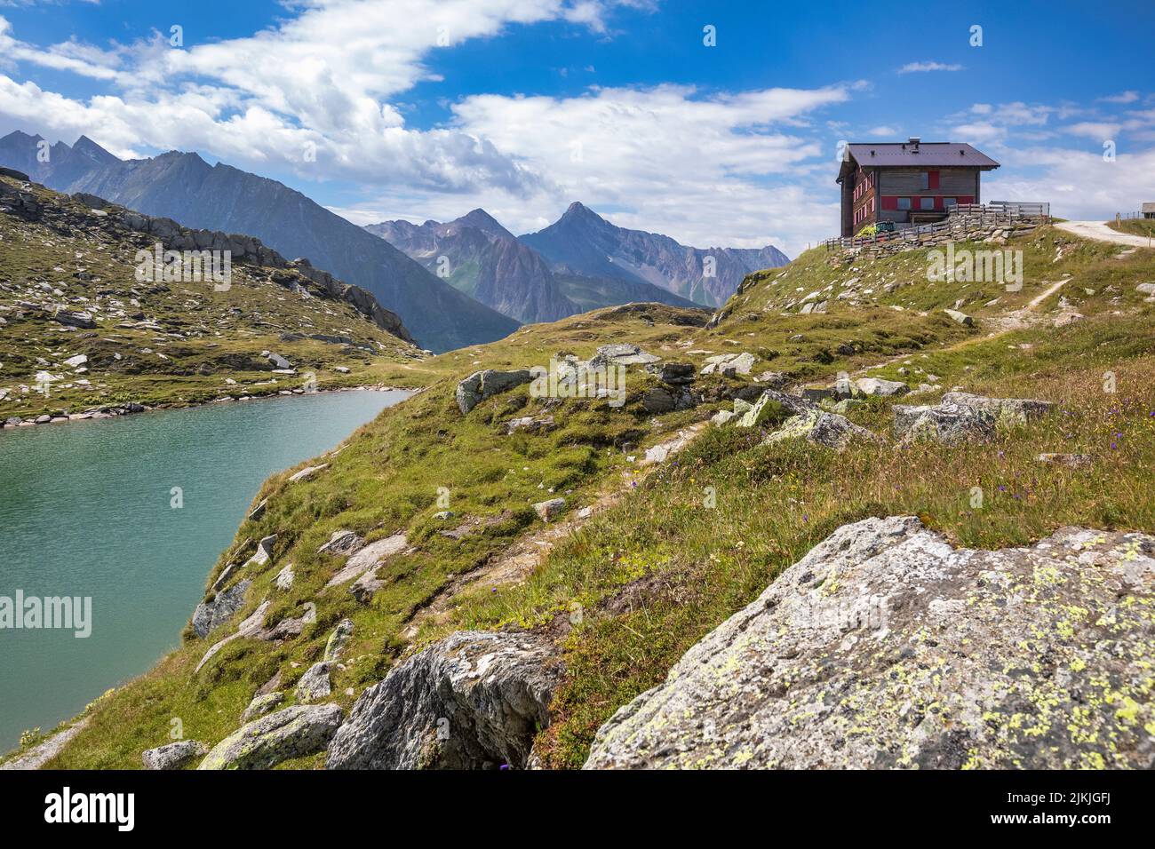 Italy, South Tyrol, Bolzano, val di Vizze / Pfitschtal, passo di Vizze / Pfitscher Joch, the Pfitscherjoch Haus, mountain refuge on the crossing border between Italy and Austria / South Tyrol and Zillertal Stock Photo