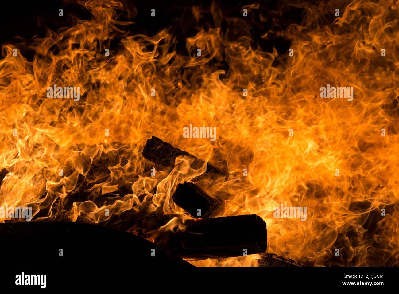 The detail of some burning wooden slats Stock Photo