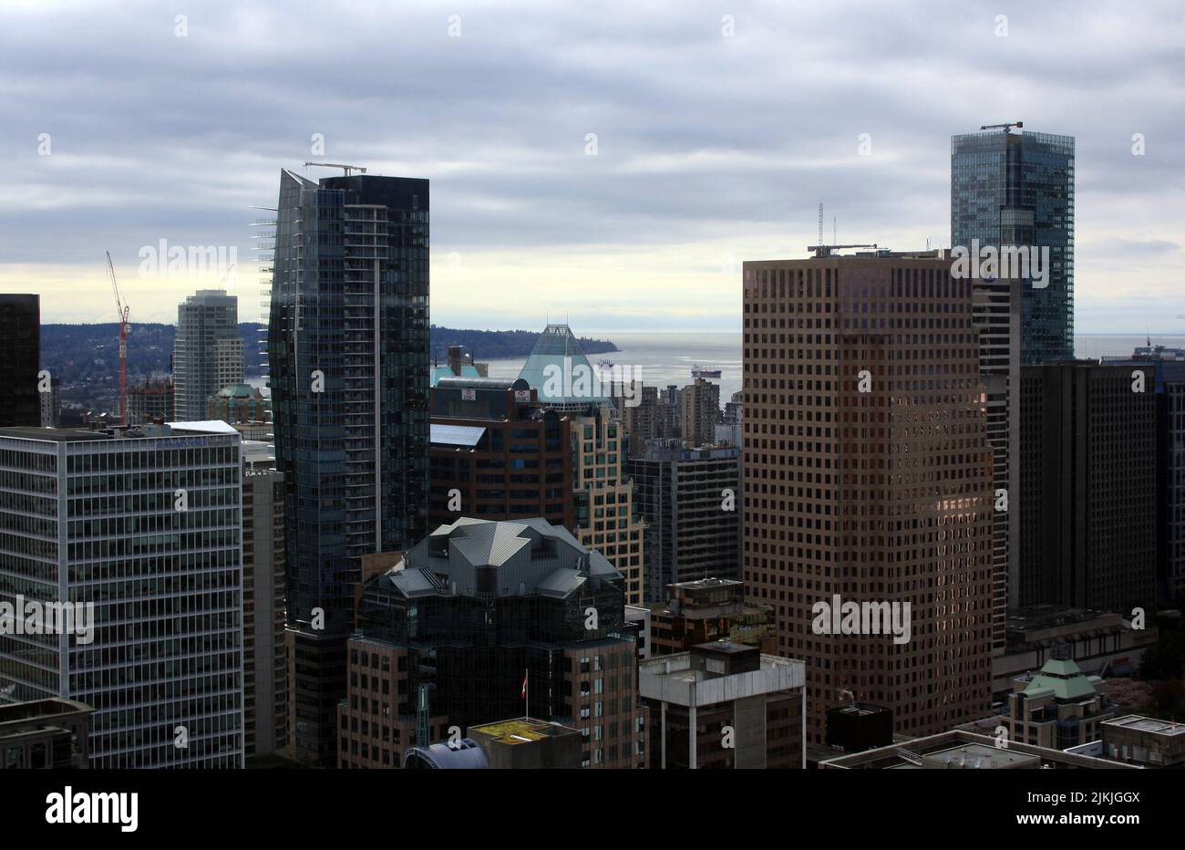 An aerial shot of skyscrapers of downtown Vancouver on a cloudy day, Canada Stock Photo