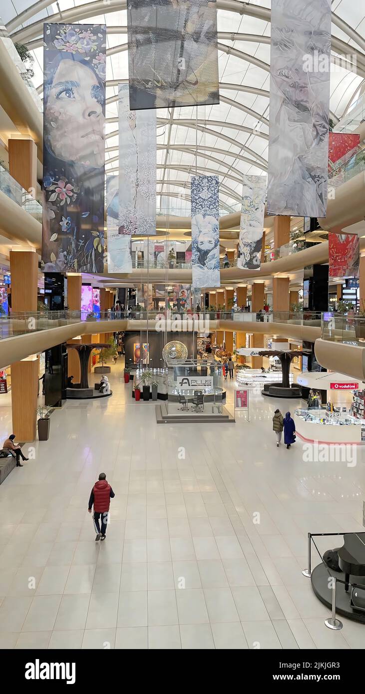 A Beautiful shot inside the Aplus mall with people and shops in Atakoy, Istanbul, Turkey Stock Photo