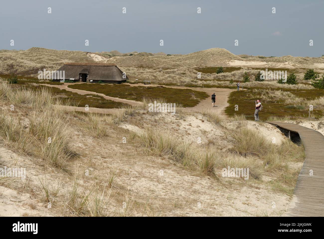 Dune Landscape and Iron Age House near Nebel, Nebel, Amrum, North Frisia, North Sea, North Frisian Islands, Wadden Sea National Park, Schleswig-Holstein Wadden Sea National Park, Schleswig-Holstein, Germany Stock Photo