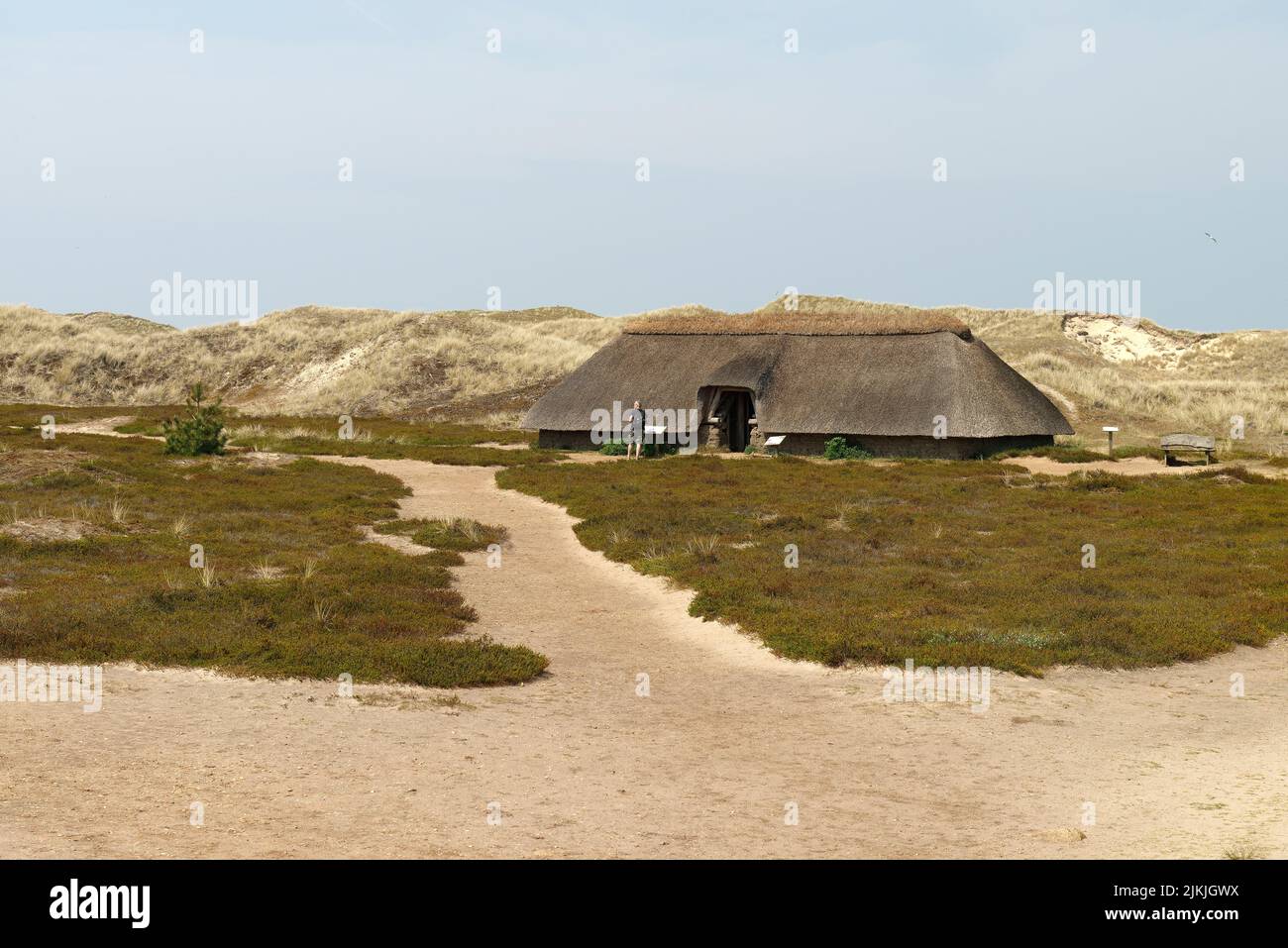 Dune Landscape and Iron Age House near Nebel, Nebel, Amrum, North Frisia, North Sea, North Frisian Islands, Wadden Sea National Park, Schleswig- Holstein Wadden Sea National Park, Schleswig-Holstein, Germany Stock Photo